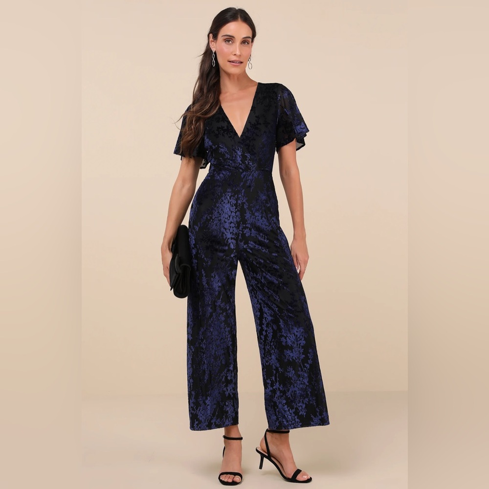 Lulus Poised Excellence Black And Blue Velvet Burnout Jumpsuit - S
